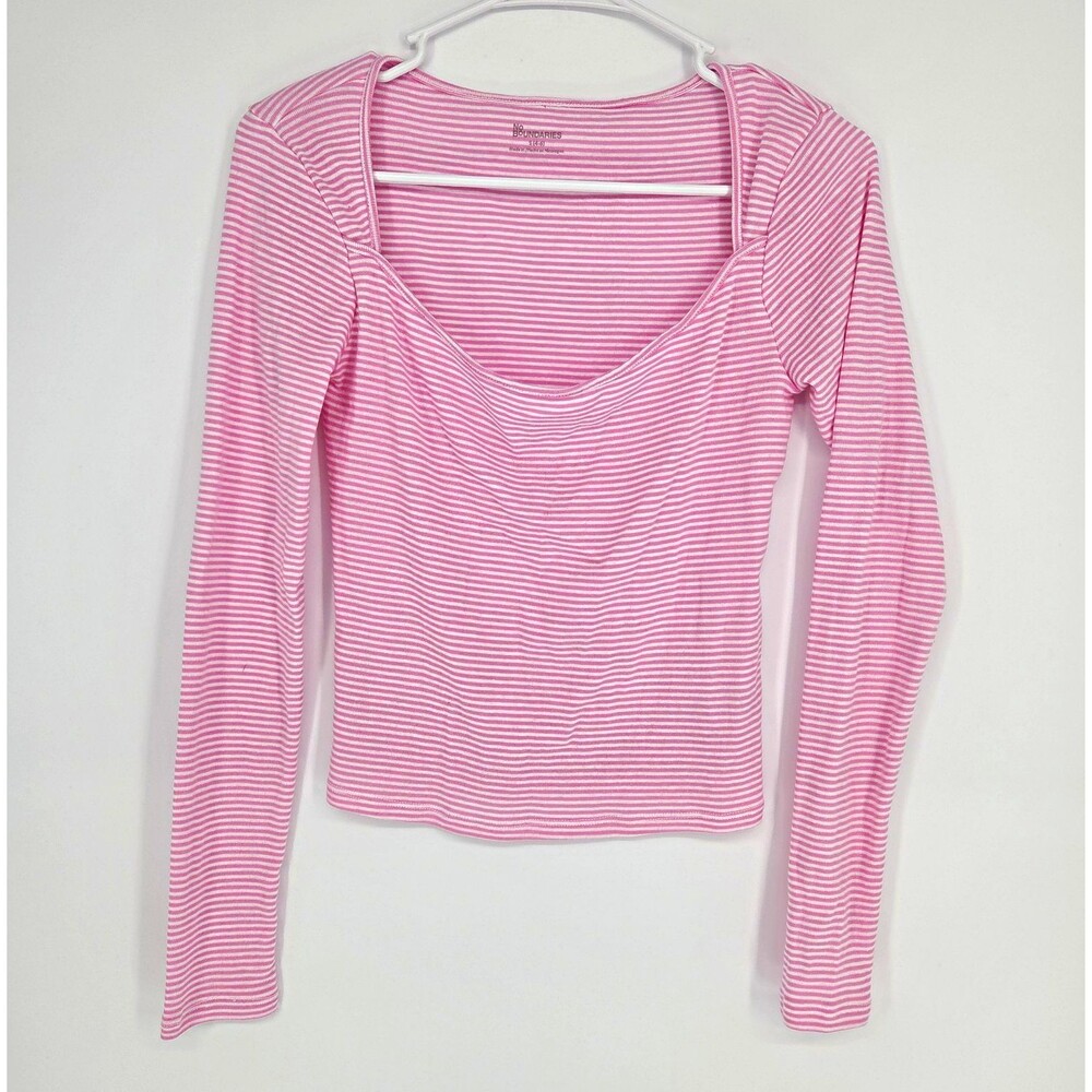 No Boundaries Womens Pink White Striped Long Sleeve Square Neck Small Preppy